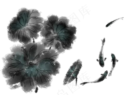 水墨荷塘荷花小鱼