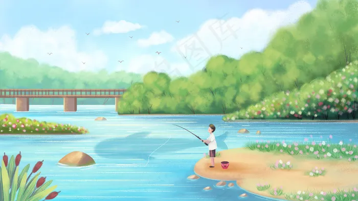 夏天主题之河边钓鱼的风景