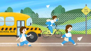 开学季学生背书包上学校车校服中学生手绘