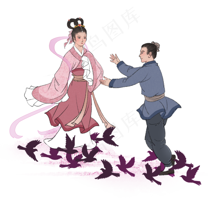 古风七夕牛郎织女相聚,免抠元素(2000*2000px 300 dpi )psd模版下载