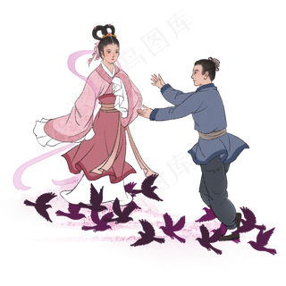 古风七夕牛郎织女相聚,免抠元素