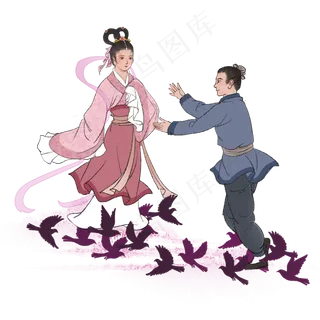 古风七夕牛郎织女相聚,免抠元素