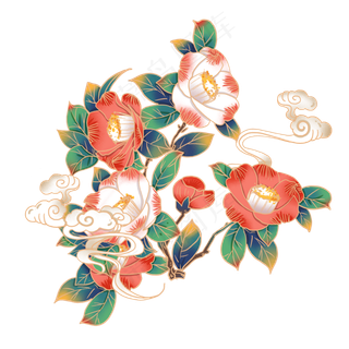 国潮风一束山茶复古装饰,免抠元素