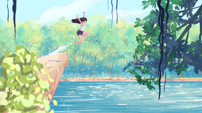 夏日河边一起跳下去游泳小清新