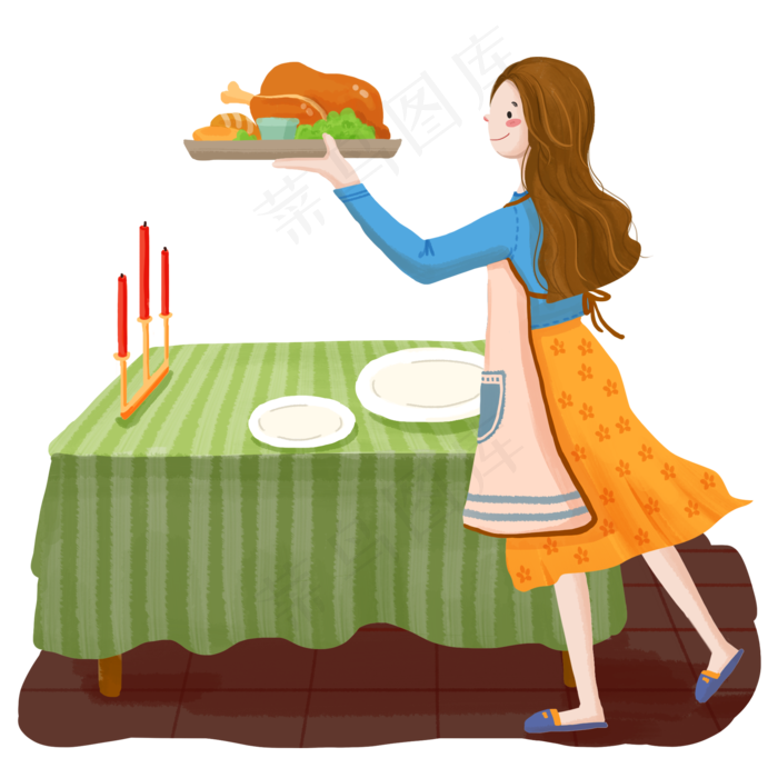 感恩节卡通手绘风女孩给家人做饭,免抠元素