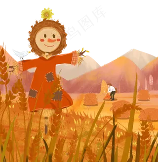 芒种节气黄金风景稻草人劳作