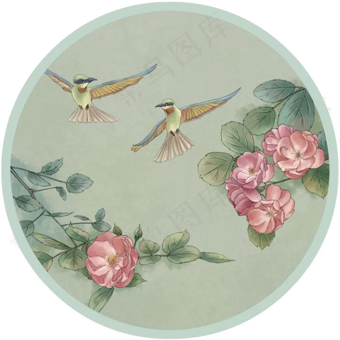 复古中国风壁画壁纸墙画工笔飞鸟,免抠元素