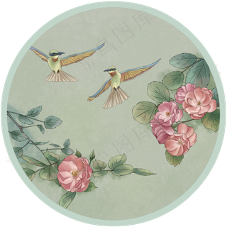 复古中国风壁画壁纸墙画工笔飞鸟,免抠元素