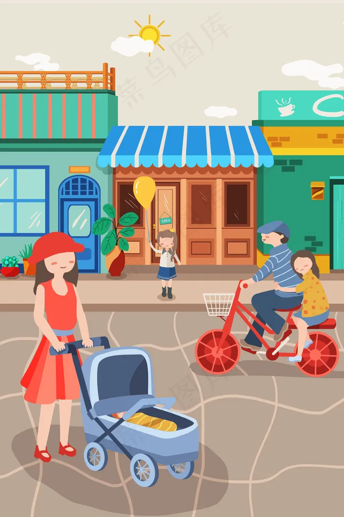 扁平风街景路边商店购物卡通人物(3545*5315px 300 dpi )