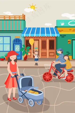 扁平风街景路边商店购物卡通人物