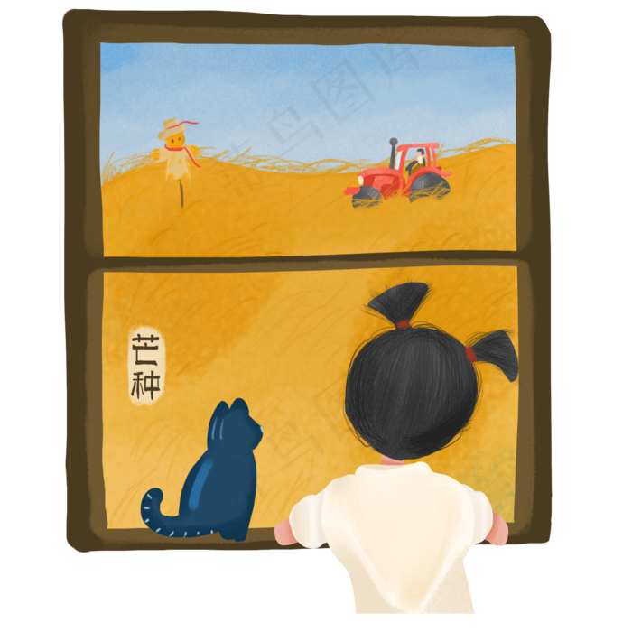 芒种窗前小女孩小猫遥望黄色麦田(2000X2000)