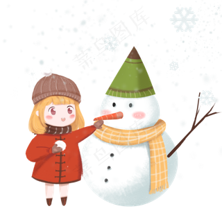冬至日系可爱手绘堆雪人的女孩免,免抠元素