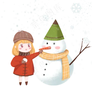 冬至日系可爱手绘堆雪人的女孩免,免抠元素