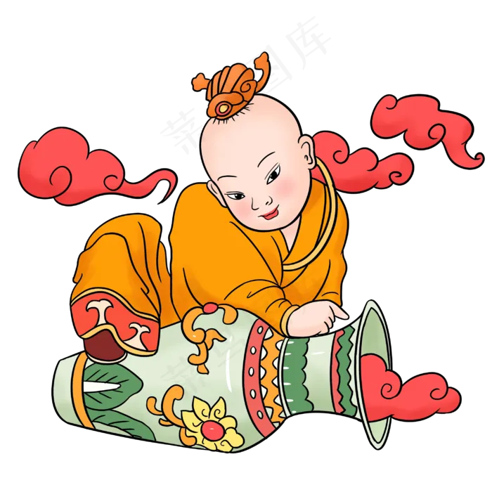 春节复古年画抱花瓶的娃娃手绘插(3000X3000(DPI:300))psd模版下载