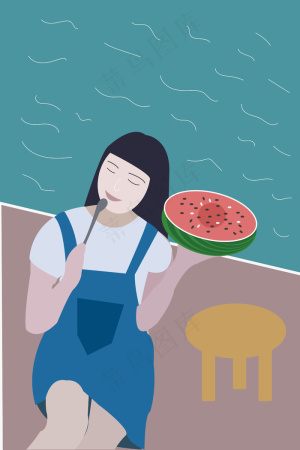 泳池边的女孩和半个西瓜