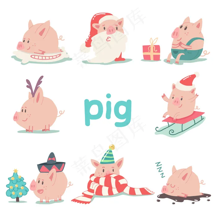搞笑圣诞猪卡通人物集孤立动物象征2019年中国新年。eps,ai矢量模版下载