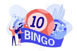 商人和女人中奖者和宾果彩票幸运数字，小人物。彩票金钱游戏，幸运彩票，宾果游戏概念。粉珊瑚蓝载体独立插图