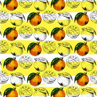 水彩画无缝模式的橙色水果与树叶。柑橘类水果插图。生态食品插画夏季口号