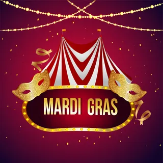 狂欢节背景，马戏团帐篷和金色面具