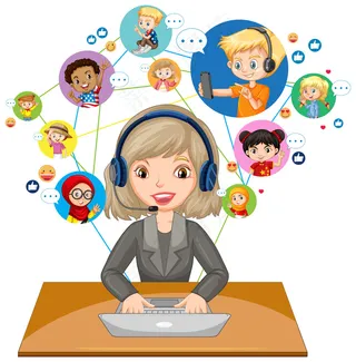 教师使用笔记本电脑在白色背景下与学生进行视频会议的前视图