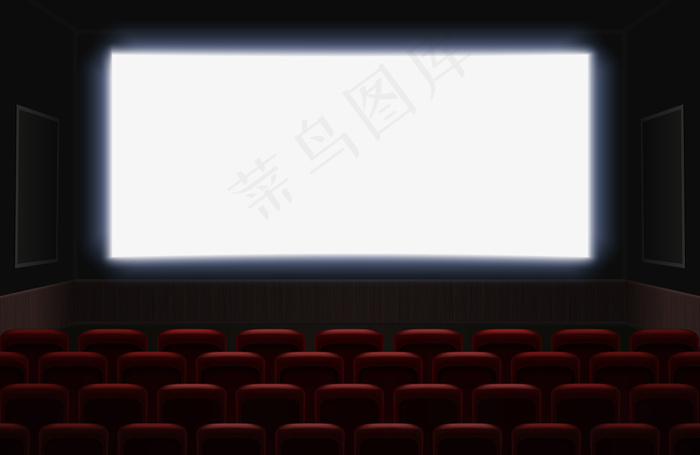 电影院的内部，有闪亮的白色空白屏幕。屏幕前的红色电影院或剧院座位。空电影院礼堂背景图