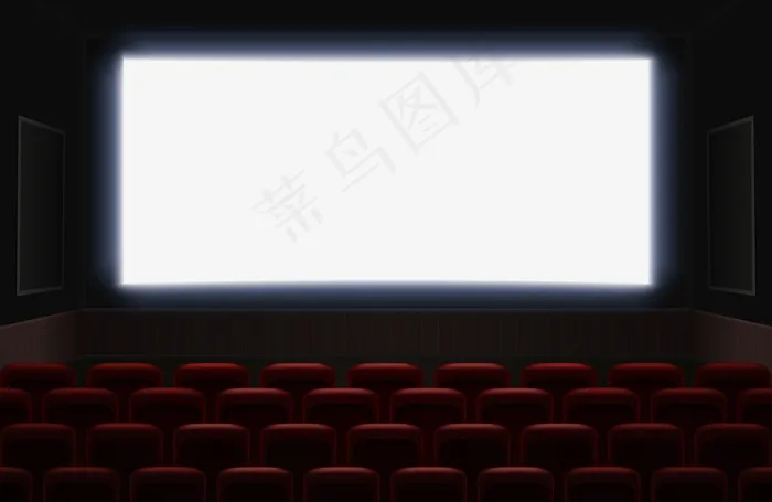 电影院的内部，有闪亮的白色空白屏幕。屏幕前的红色电影院或剧院座位。空电影院礼堂背景图eps,ai矢量模版下载