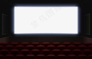 电影院的内部，有闪亮的白色空白屏幕。屏幕前的红色电影院或剧院座位。空电影院礼堂背景图