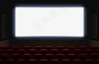 电影院的内部，有闪亮的白色空白屏幕。屏幕前的红色电影院或剧院座位。空电影院礼堂背景图