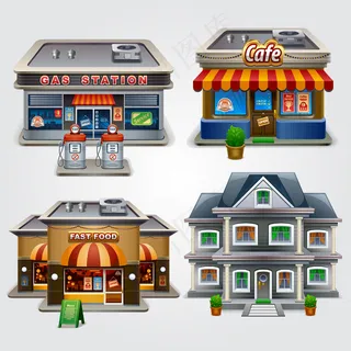 商店、加油站、咖啡馆、快餐店和房子的插图