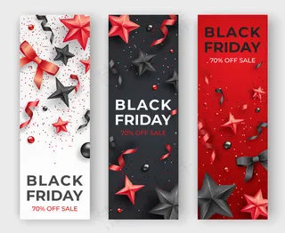 三个黑色星期五与现实丝带，星星和彩色球垂直横幅banner。