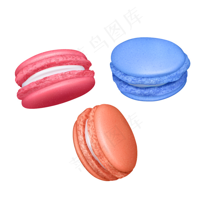 一套麦卡龙。真实美味的法国杏仁饼。在白色背景上隔离，插图