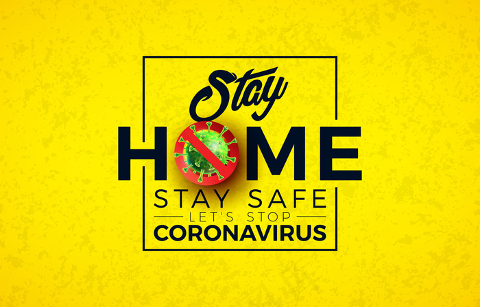 呆在家里。用covid-19病毒细胞和印刷字母停止冠状病毒设计