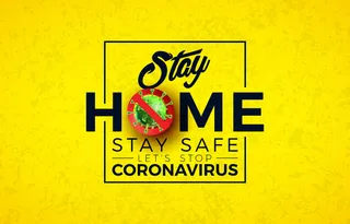 呆在家里。用covid-19病毒细胞和印刷字母停止冠状病毒设计