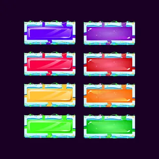 一套带有蓝色熔岩冰框边框的gui彩色果冻和水晶按钮，用于游戏ui资源元素