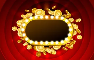 赌场灯框与黄金逼真的三维硬币背景。