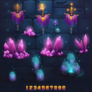 在石头和砖墙上设置不同的元素。矢量插图。