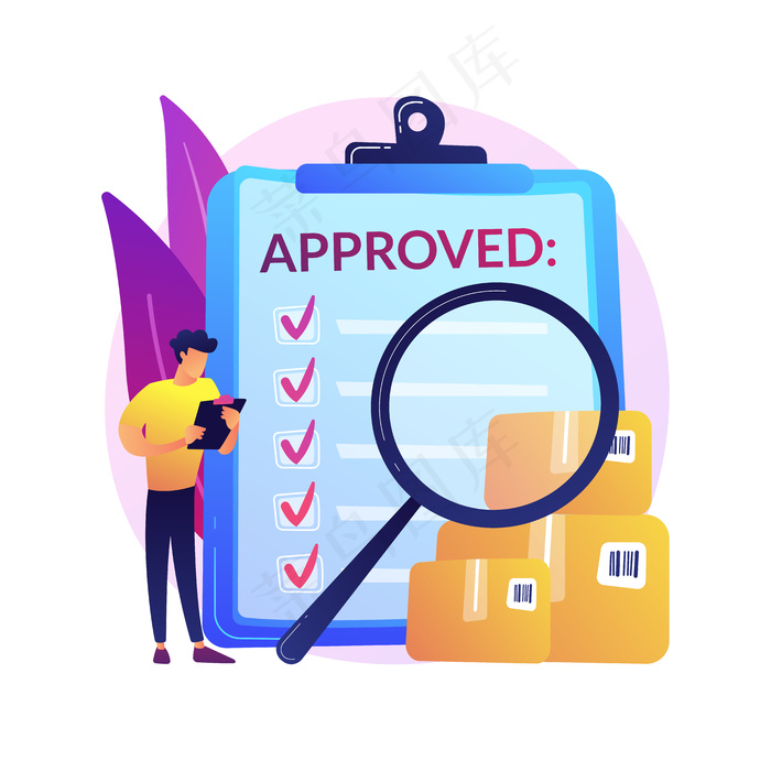 产品质量控制抽象概念说明。产品安全标准、客户反馈、保修证书、生产线、业务成功、检验