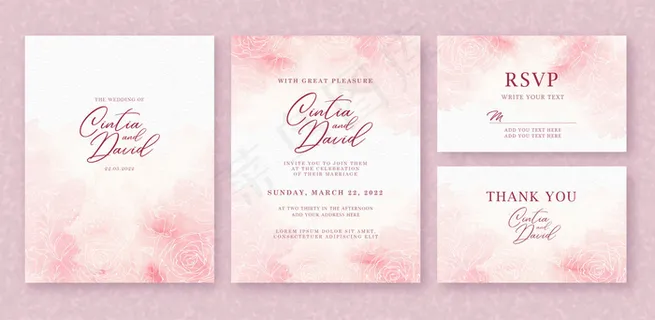 漂亮的婚礼请柬模板，泼粉色水彩画和花朵背景