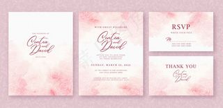 漂亮的婚礼请柬模板，泼粉色水彩画和花朵背景