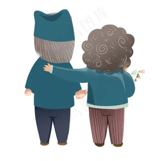 手绘卡通奶奶和爷爷相拥走路元素