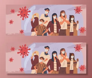 戴着医用口罩的人群。预防措施，防止人类爆发肺炎。冠状病毒流行概念。呼吸道疾病，病毒传播。插图