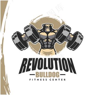 狗斗牛犬k9与强大的身体，健身俱乐部或健身房的标志。