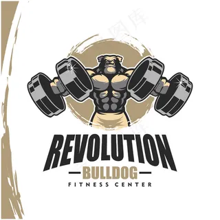 狗斗牛犬k9与强大的身体，健身俱乐部或健身房的标志。