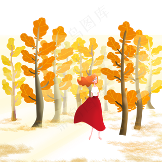 秋天在捡树叶的女孩