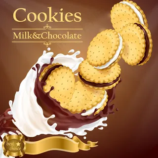 宣传横幅banner上有逼真的饼干在牛奶和巧克力上飞扬 宣传横幅banner上有逼真的饼干在牛奶和巧克力上飞扬