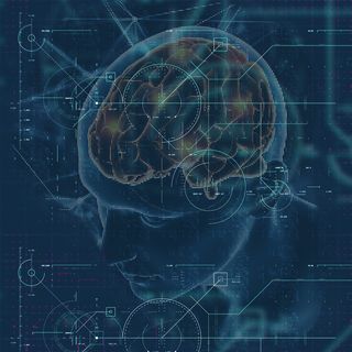 医学背景的 3d 渲染，男性形象，大脑突出显示，技术覆盖