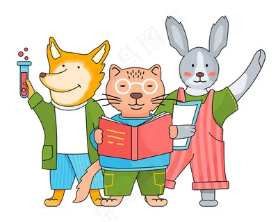 学校动物角色，学生或小学生。可爱的卡通动物在学校用课本和笔记本阅读和学习