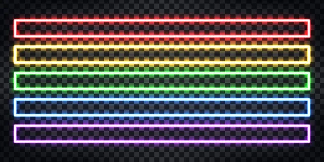 一套逼真的彩色全景矩形框架霓虹灯标牌，用于模板和透明背景上的布局。