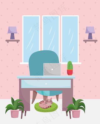 家庭办公室室内桌椅笔记本电脑仙人掌植物和猫插图