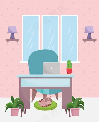 家庭办公室室内桌椅笔记本电脑仙人掌植物和猫插图